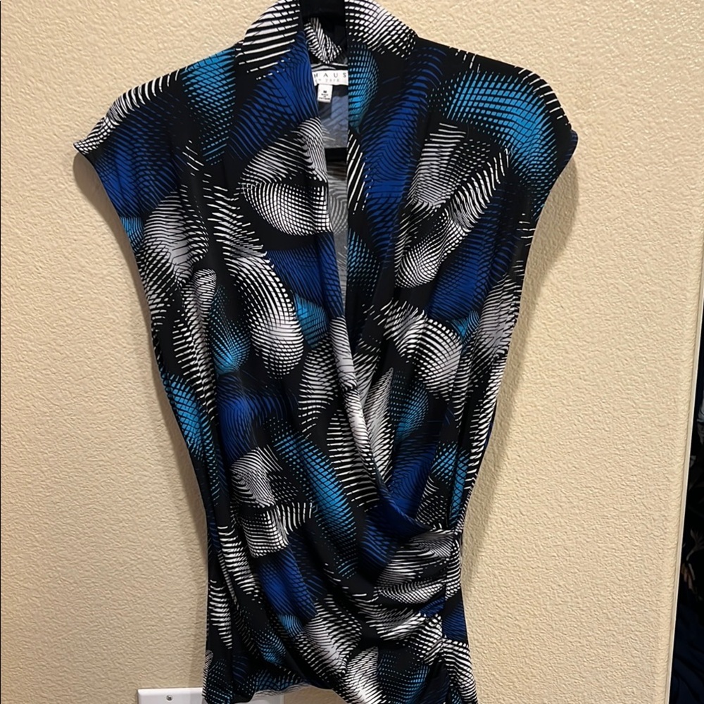 Chaus Black and White Wrap Blouse with Mandarin Collar
